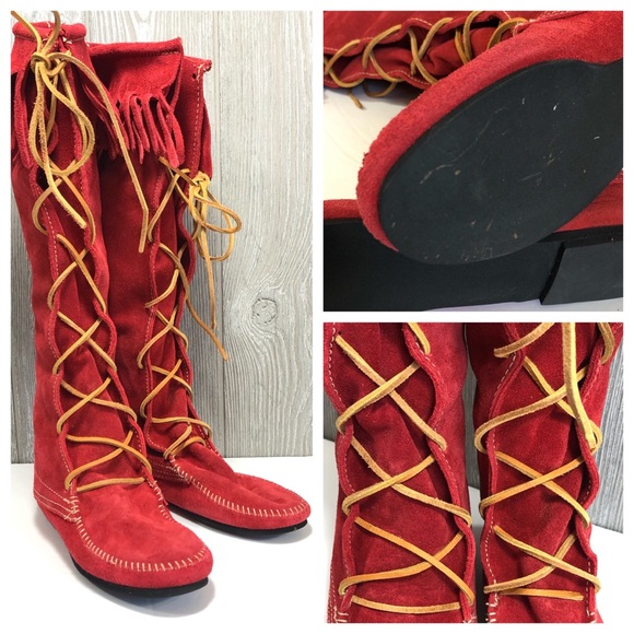 Minnetonka Shoes - Burning man festival red, hot 🔥 Tall, Suede 7